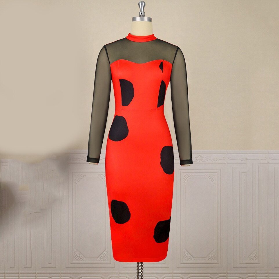 Bodycon Dresses for Women Round Neck Full Sleeve Polka Dot Printed Mid Calf Elegant Formal Business Office Ladies Vestidos Mujer | 0 | TageUnlimited