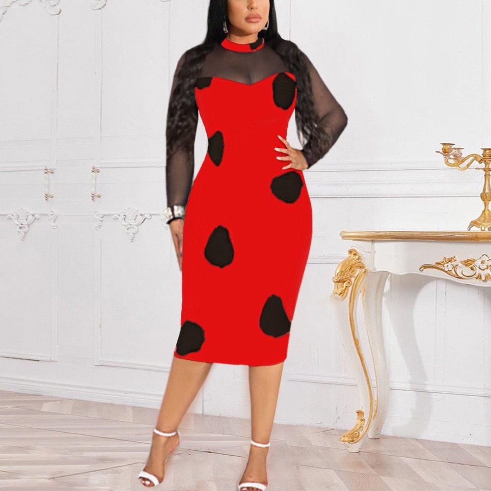 Bodycon Dresses for Women Round Neck Full Sleeve Polka Dot Printed Mid Calf Elegant Formal Business Office Ladies Vestidos Mujer | 0 | TageUnlimited