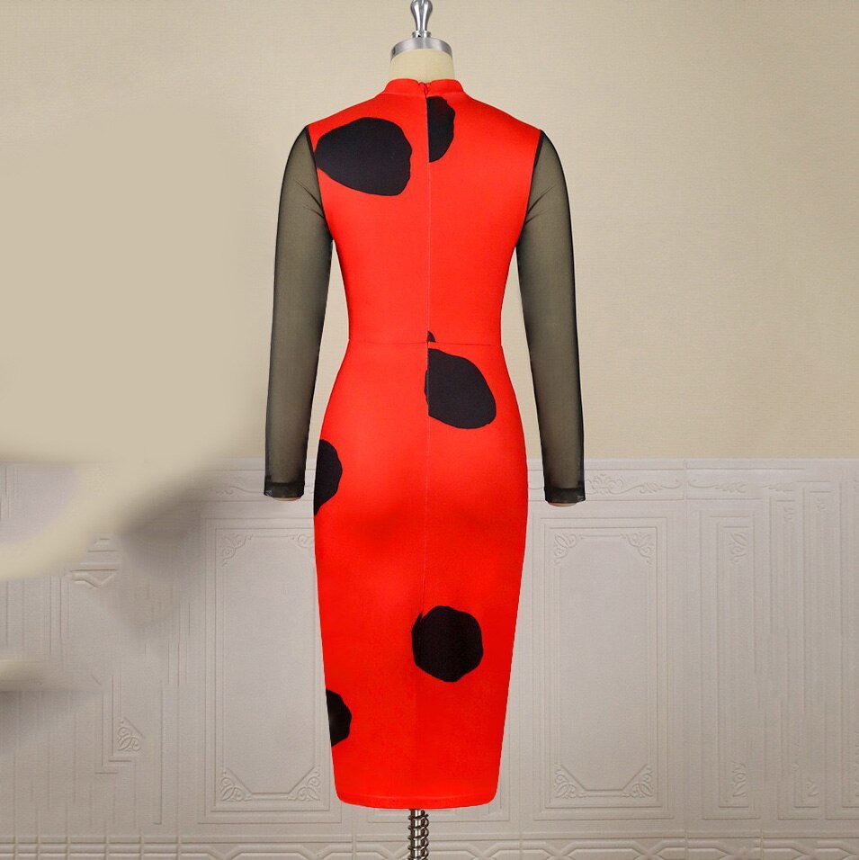 Bodycon Dresses for Women Round Neck Full Sleeve Polka Dot Printed Mid Calf Elegant Formal Business Office Ladies Vestidos Mujer | 0 | TageUnlimited