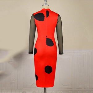 Bodycon Dresses for Women Round Neck Full Sleeve Polka Dot Printed Mid Calf Elegant Formal Business Office Ladies Vestidos Mujer | 0 | TageUnlimited