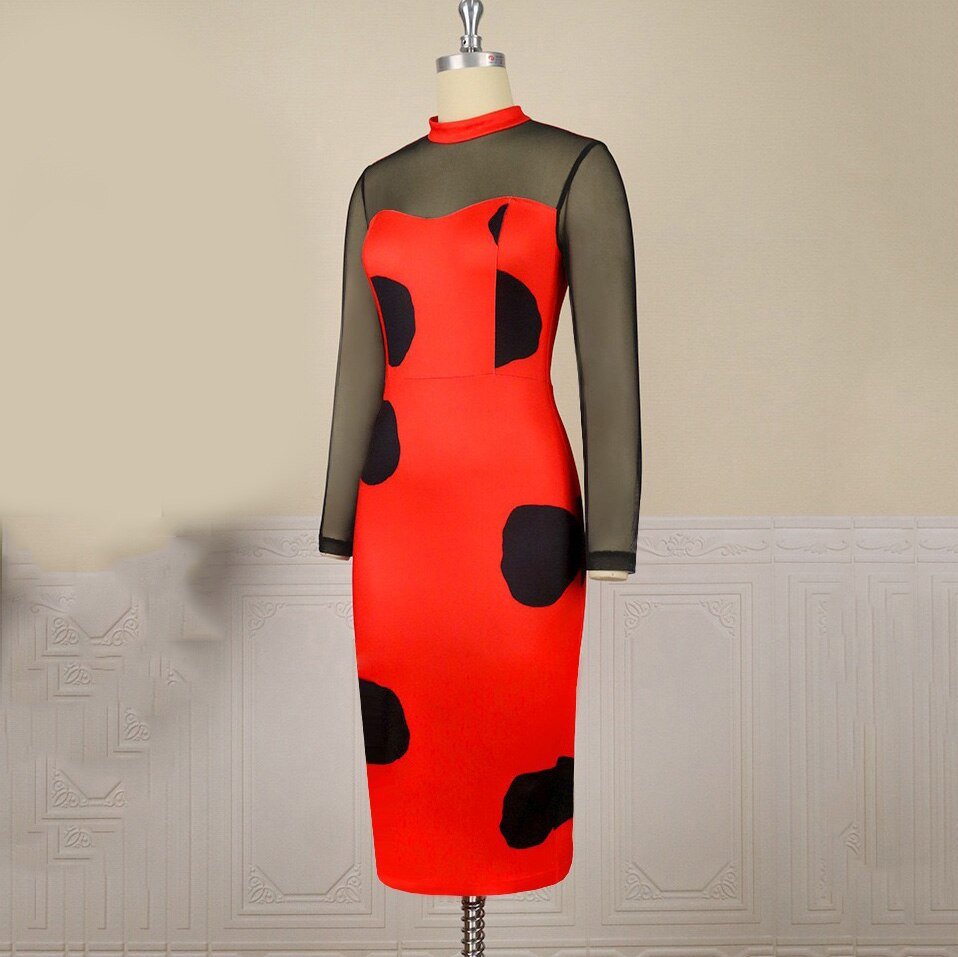 Bodycon Dresses for Women Round Neck Full Sleeve Polka Dot Printed Mid Calf Elegant Formal Business Office Ladies Vestidos Mujer | 0 | TageUnlimited