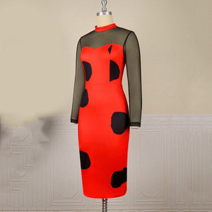 Bodycon Dresses for Women Round Neck Full Sleeve Polka Dot Printed Mid Calf Elegant Formal Business Office Ladies Vestidos Mujer | 0 | TageUnlimited
