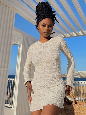 Chic Slim Fit Backless Lace Up Rib Dresses Ladies Casual Sexy Summer Vestidos Women Round Neck Full Sleeve Mini Dress | 0 | TageUnlimited