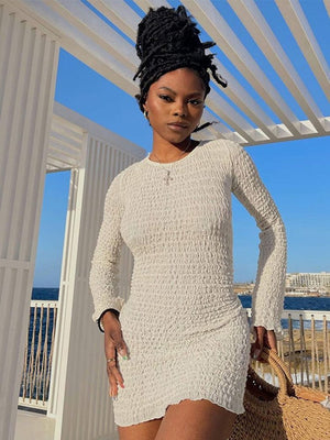 Chic Slim Fit Backless Lace Up Rib Dresses Ladies Casual Sexy Summer Vestidos Women Round Neck Full Sleeve Mini Dress | 0 | TageUnlimited