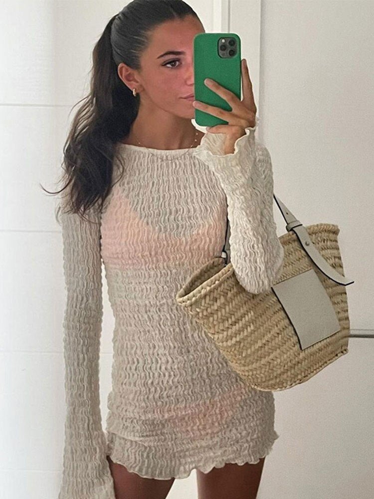 Chic Slim Fit Backless Lace Up Rib Dresses Ladies Casual Sexy Summer Vestidos Women Round Neck Full Sleeve Mini Dress | 0 | TageUnlimited