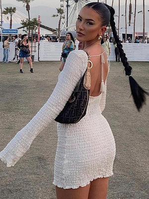 Chic Slim Fit Backless Lace Up Rib Dresses Ladies Casual Sexy Summer Vestidos Women Round Neck Full Sleeve Mini Dress | 0 | TageUnlimited