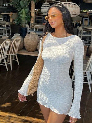 Chic Slim Fit Backless Lace Up Rib Dresses Ladies Casual Sexy Summer Vestidos Women Round Neck Full Sleeve Mini Dress | 0 | TageUnlimited
