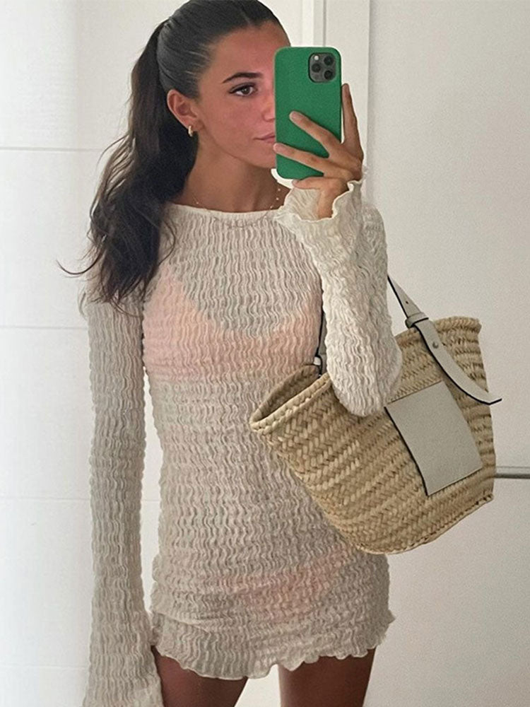 Chic Slim Fit Backless Lace Up Rib Dresses Ladies Casual Sexy Summer Vestidos Women Round Neck Full Sleeve Mini Dress | 0 | TageUnlimited