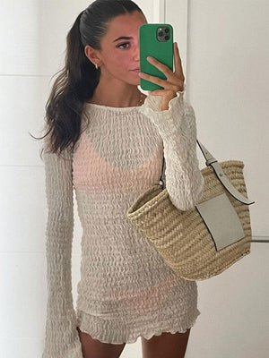 Chic Slim Fit Backless Lace Up Rib Dresses Ladies Casual Sexy Summer Vestidos Women Round Neck Full Sleeve Mini Dress | 0 | TageUnlimited