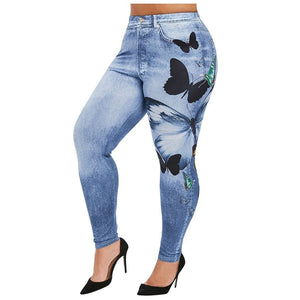 Comfortable Skinny Pants Denim Leggings Butterfly Print Women Jean Cowboy Stretchy Famale Slim Faux Jeans Pants Plus Size 5XL | 0 | TageUnlimited