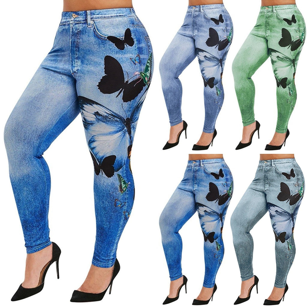 Comfortable Skinny Pants Denim Leggings Butterfly Print Women Jean Cowboy Stretchy Famale Slim Faux Jeans Pants Plus Size 5XL | 0 | TageUnlimited