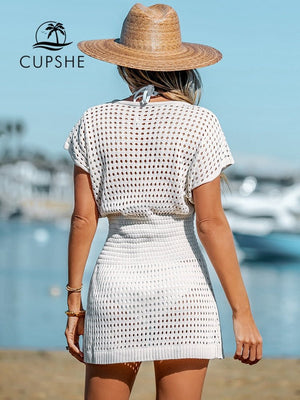 CUPSHE White Cutout Crochet Bikini Swim Cover Up For Women Sexy V-neck Short Sleeve Beach Tunic Mini Dress  Summer Beachwear | TageUnlimited