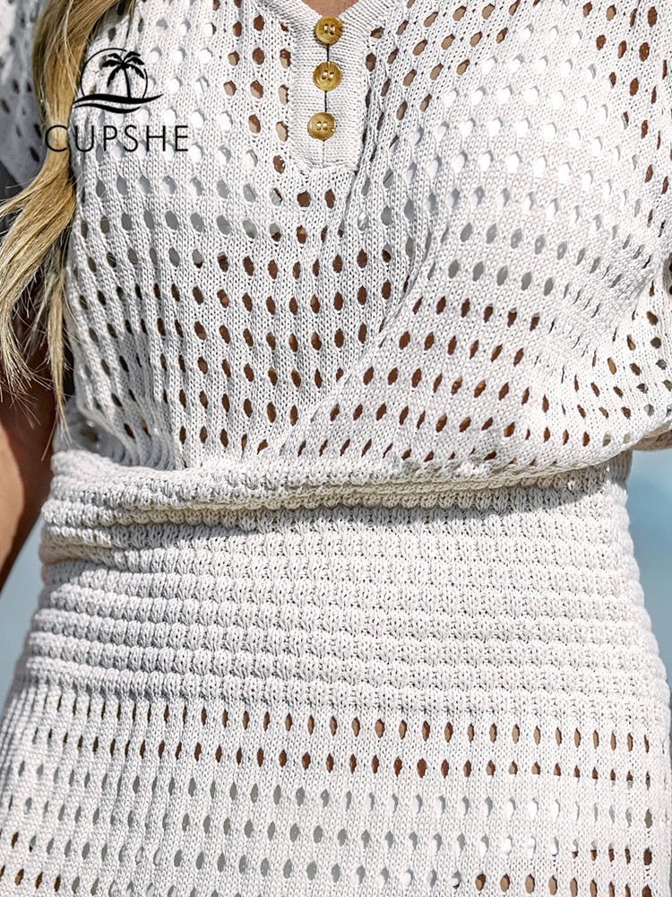 CUPSHE White Cutout Crochet Bikini Swim Cover Up For Women Sexy V-neck Short Sleeve Beach Tunic Mini Dress  Summer Beachwear | TageUnlimited