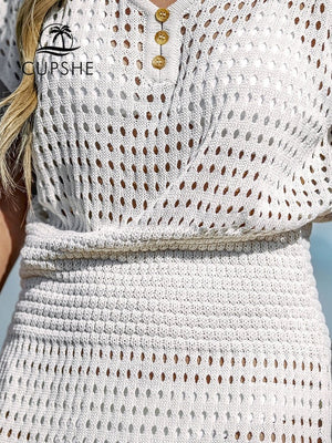 CUPSHE White Cutout Crochet Bikini Swim Cover Up For Women Sexy V-neck Short Sleeve Beach Tunic Mini Dress  Summer Beachwear | TageUnlimited