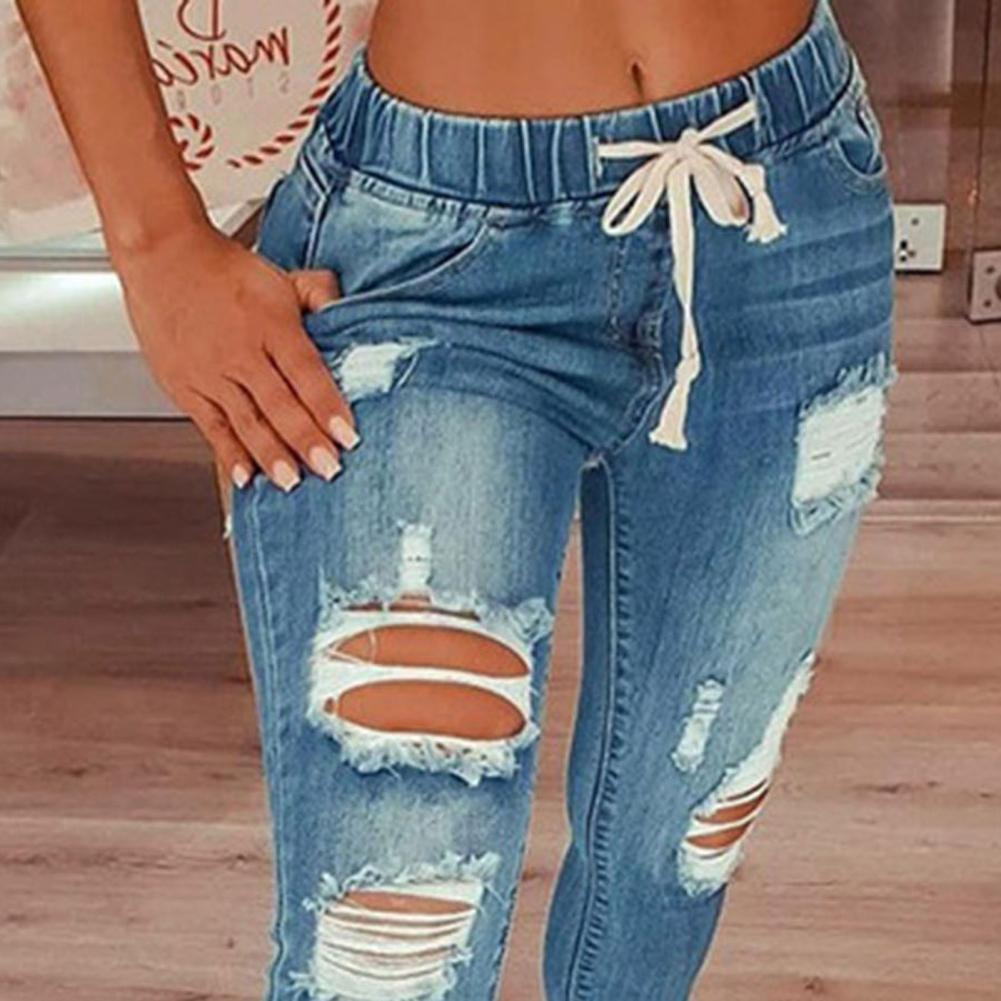 Drawstring Denim Jeans For Women Ripped Hole Stretch Jean Fashion Women Elastic Ladies Plus Size Full Length Pencil Pants | 0 | TageUnlimited
