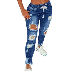 Drawstring Denim Jeans For Women Ripped Hole Stretch Jean Fashion Women Elastic Ladies Plus Size Full Length Pencil Pants | 0 | TageUnlimited