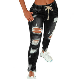 Drawstring Denim Jeans For Women Ripped Hole Stretch Jean Fashion Women Elastic Ladies Plus Size Full Length Pencil Pants | 0 | TageUnlimited