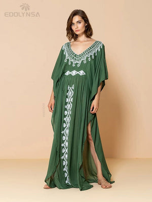 Elegant Gold Embroidered Kaftan Retro Robe V-neck White Dress Plus Size Women Summer Beach Swimsuit Cover Up Q1373 | TageUnlimited