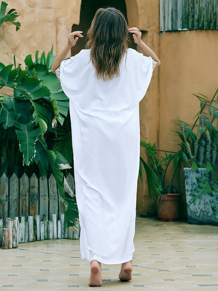 Elegant Gold Embroidered Kaftan Retro Robe V-neck White Dress Plus Size Women Summer Beach Swimsuit Cover Up Q1373 | TageUnlimited