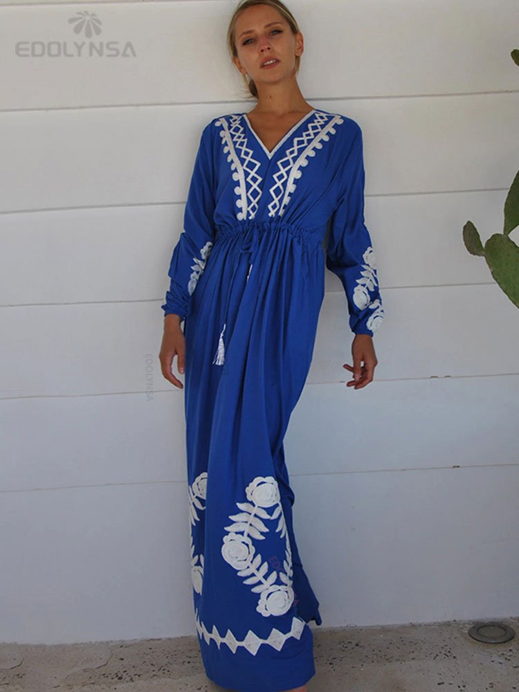 Elegant Gold Embroidered Kaftan Retro Robe V-neck White Dress Plus Size Women Summer Beach Swimsuit Cover Up Q1373 | TageUnlimited