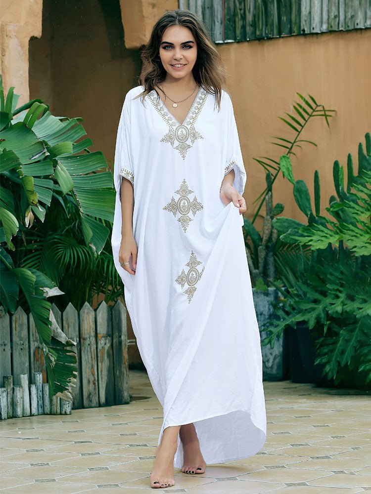 Elegant Gold Embroidered Kaftan Retro Robe V-neck White Dress Plus Size Women Summer Beach Swimsuit Cover Up Q1373 | TageUnlimited