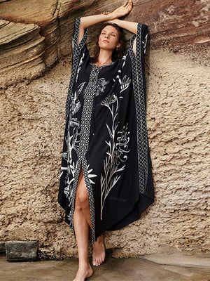 Elegant Gold Embroidered Kaftan Retro Robe V-neck White Dress Plus Size Women Summer Beach Swimsuit Cover Up Q1373 | TageUnlimited