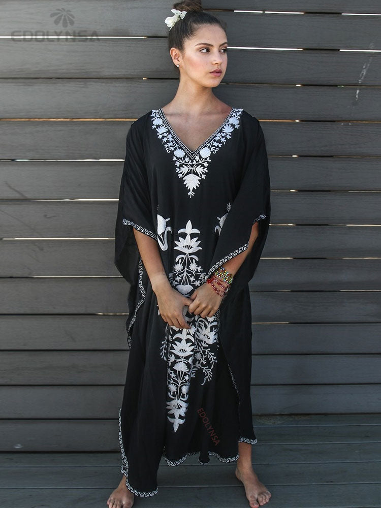 Elegant Gold Embroidered Kaftan Retro Robe V-neck White Dress Plus Size Women Summer Beach Swimsuit Cover Up Q1373 | TageUnlimited