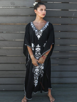 Elegant Gold Embroidered Kaftan Retro Robe V-neck White Dress Plus Size Women Summer Beach Swimsuit Cover Up Q1373 | TageUnlimited