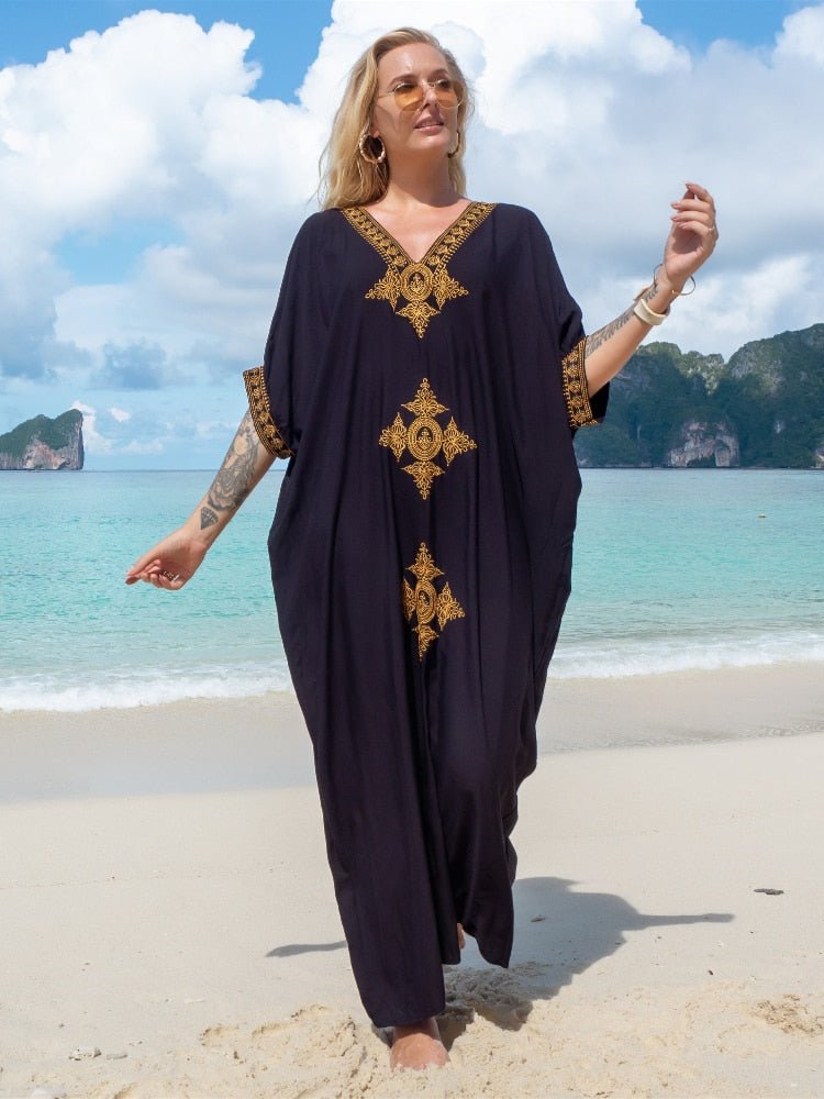 Elegant Gold Embroidered Kaftan Retro Robe V-neck White Dress Plus Size Women Summer Beach Swimsuit Cover Up Q1373 | TageUnlimited