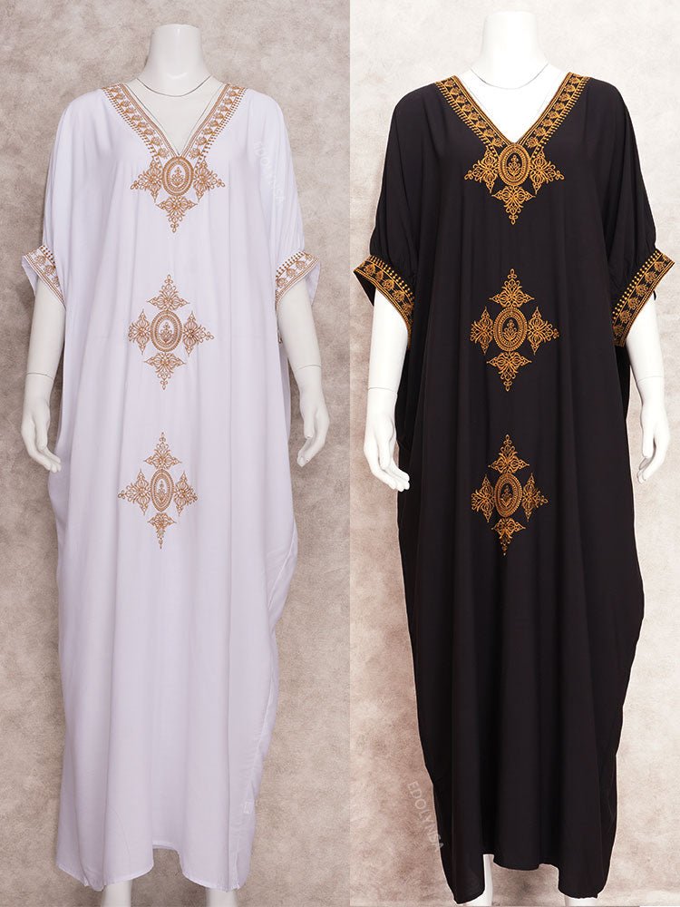 Elegant Gold Embroidered Kaftan Retro Robe V-neck White Dress Plus Size Women Summer Beach Swimsuit Cover Up Q1373 | TageUnlimited