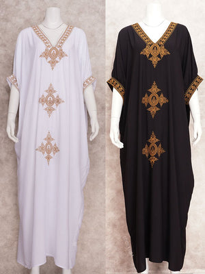 Elegant Gold Embroidered Kaftan Retro Robe V-neck White Dress Plus Size Women Summer Beach Swimsuit Cover Up Q1373 | TageUnlimited