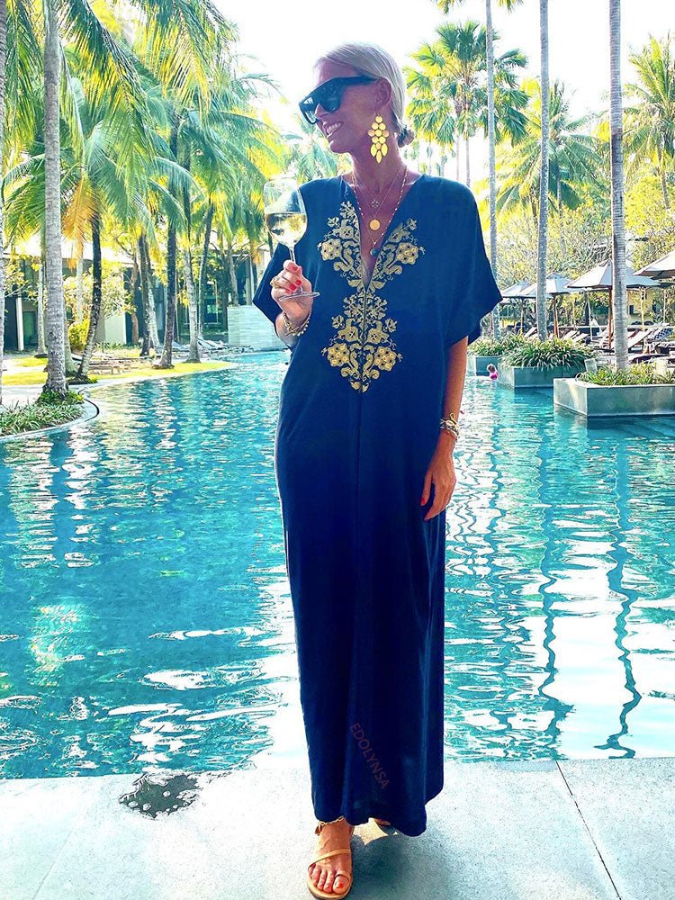 Elegant Gold Embroidered Kaftan Retro Robe V-neck White Dress Plus Size Women Summer Beach Swimsuit Cover Up Q1373 | TageUnlimited
