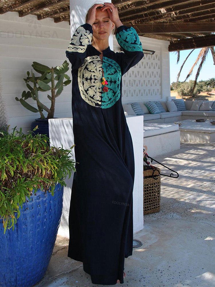 Elegant Gold Embroidered Kaftan Retro Robe V-neck White Dress Plus Size Women Summer Beach Swimsuit Cover Up Q1373 | TageUnlimited