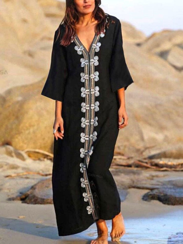 Elegant Gold Embroidered Kaftan Retro Robe V-neck White Dress Plus Size Women Summer Beach Swimsuit Cover Up Q1373 | TageUnlimited