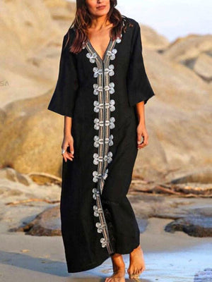 Elegant Gold Embroidered Kaftan Retro Robe V-neck White Dress Plus Size Women Summer Beach Swimsuit Cover Up Q1373 | TageUnlimited