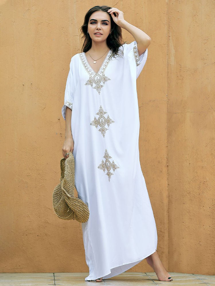 Elegant Gold Embroidered Kaftan Retro Robe V-neck White Dress Plus Size Women Summer Beach Swimsuit Cover Up Q1373 | TageUnlimited