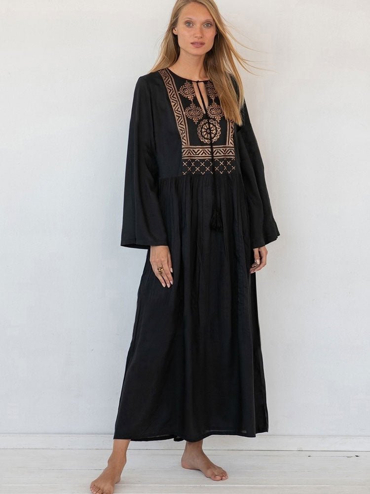 Elegant Gold Embroidered Kaftan Retro Robe V-neck White Dress Plus Size Women Summer Beach Swimsuit Cover Up Q1373 | TageUnlimited