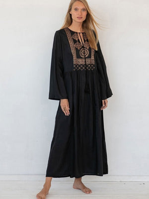 Elegant Gold Embroidered Kaftan Retro Robe V-neck White Dress Plus Size Women Summer Beach Swimsuit Cover Up Q1373 | TageUnlimited