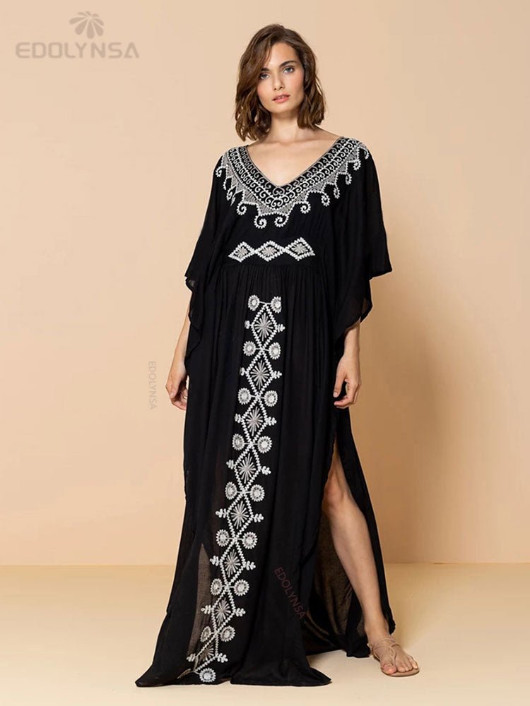 Elegant Gold Embroidered Kaftan Retro Robe V-neck White Dress Plus Size Women Summer Beach Swimsuit Cover Up Q1373 | TageUnlimited