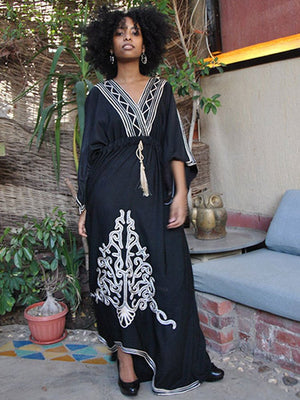 Elegant Gold Embroidered Kaftan Retro Robe V-neck White Dress Plus Size Women Summer Beach Swimsuit Cover Up Q1373 | TageUnlimited