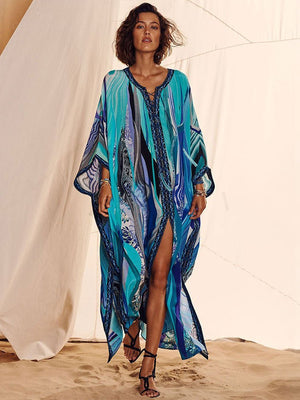 Elegant Gold Embroidered Kaftan Retro Robe V-neck White Dress Plus Size Women Summer Beach Swimsuit Cover Up Q1373 | TageUnlimited