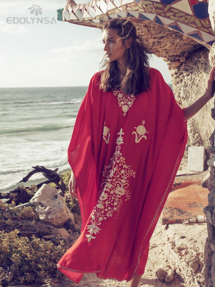 Elegant Gold Embroidered Kaftan Retro Robe V-neck White Dress Plus Size Women Summer Beach Swimsuit Cover Up Q1373 | TageUnlimited