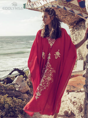 Elegant Gold Embroidered Kaftan Retro Robe V-neck White Dress Plus Size Women Summer Beach Swimsuit Cover Up Q1373 | TageUnlimited