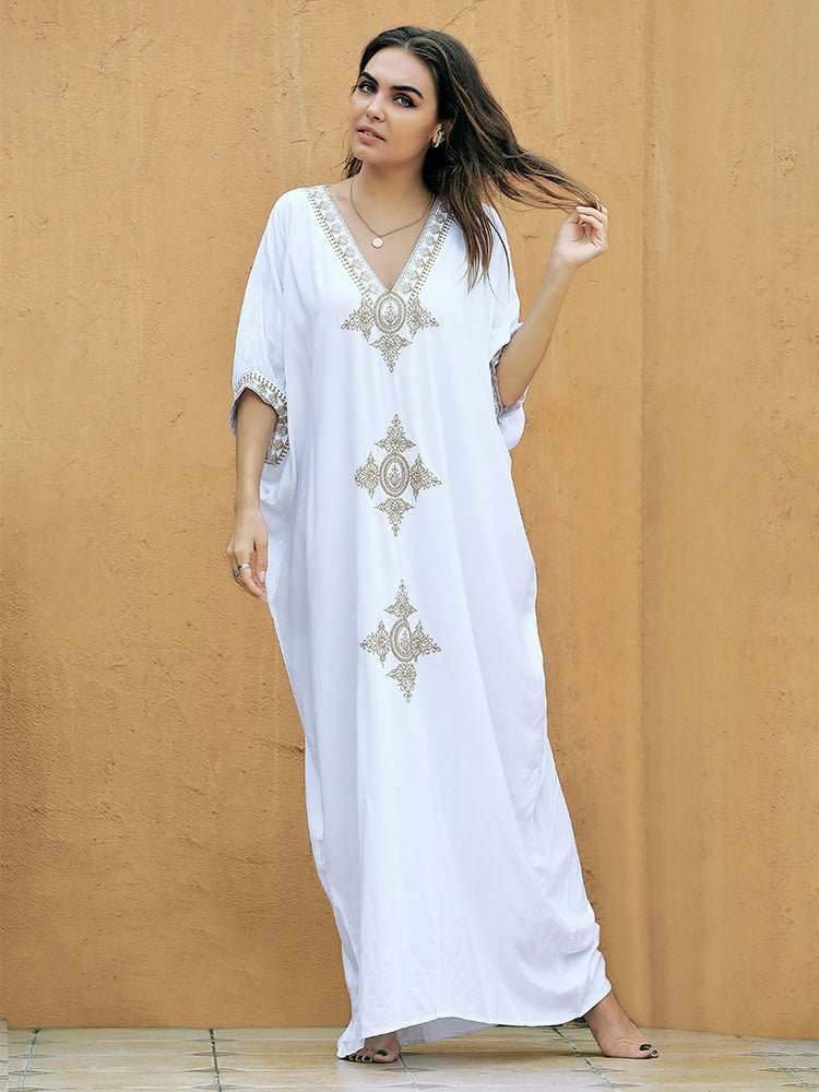 Elegant Gold Embroidered Kaftan Retro Robe V-neck White Dress Plus Size Women Summer Beach Swimsuit Cover Up Q1373 | TageUnlimited