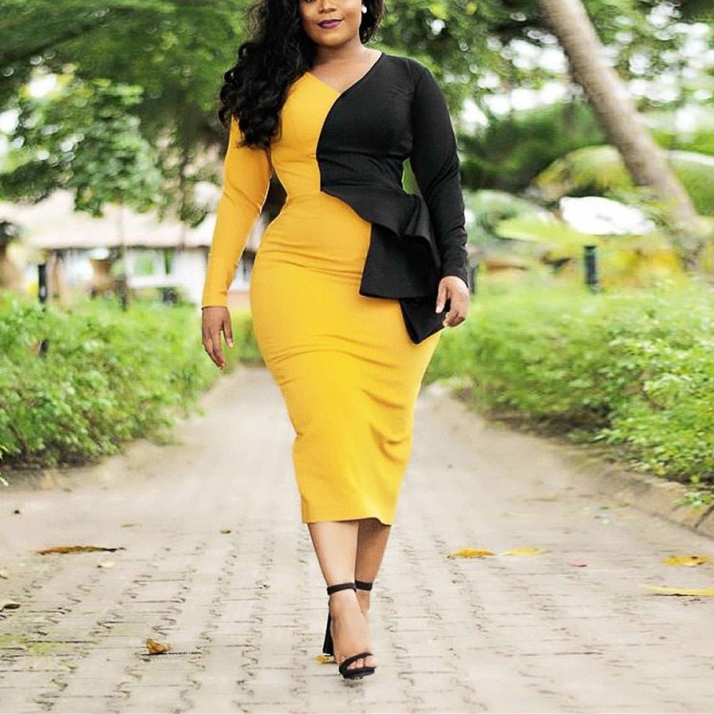 Elegant Dresses for Women Patchwork V Neck Full Sleeve Bodycon Ruffles Fashion Formal Ladies Business Work Wear Office Dress OL | 0 | TageUnlimited