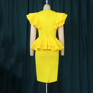 Elegant Dresses for Women Round Neck Ruffles Sleeve Bodycon High Waisted Mid Calf Fashion Formal Birthday Party Dinner Vestidos | 0 | TageUnlimited