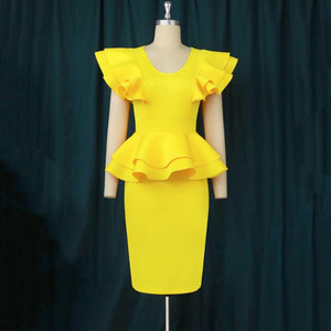 Elegant Dresses for Women Round Neck Ruffles Sleeve Bodycon High Waisted Mid Calf Fashion Formal Birthday Party Dinner Vestidos | 0 | TageUnlimited
