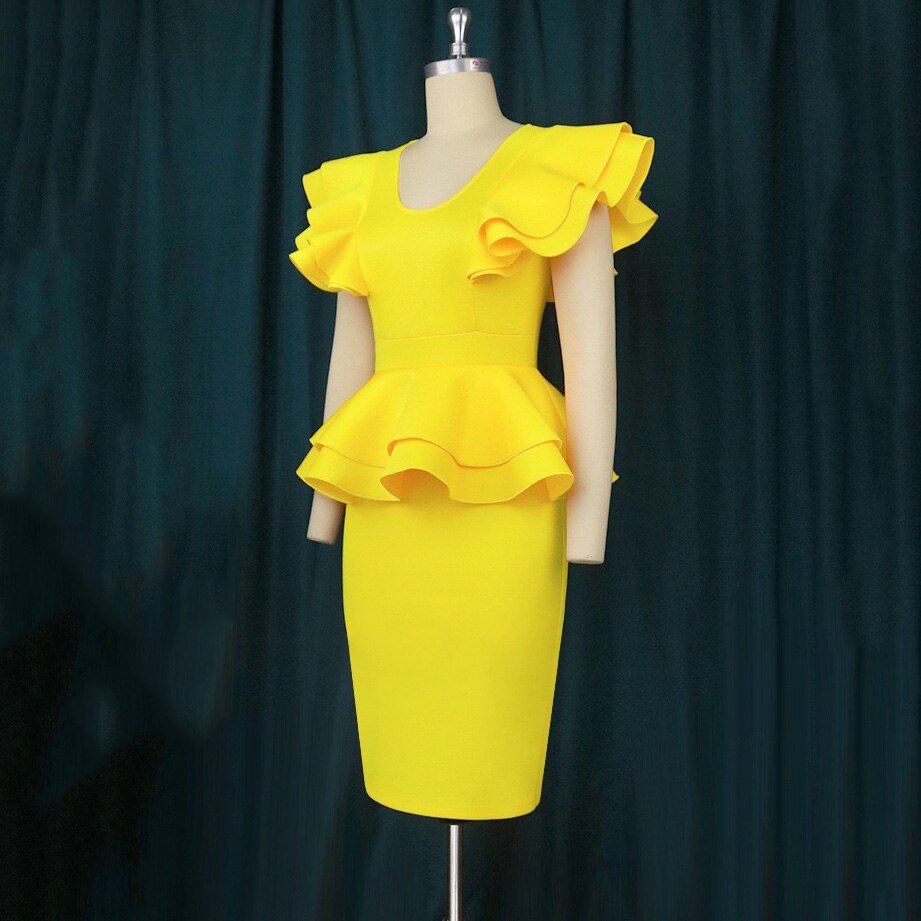 Elegant Dresses for Women Round Neck Ruffles Sleeve Bodycon High Waisted Mid Calf Fashion Formal Birthday Party Dinner Vestidos | 0 | TageUnlimited