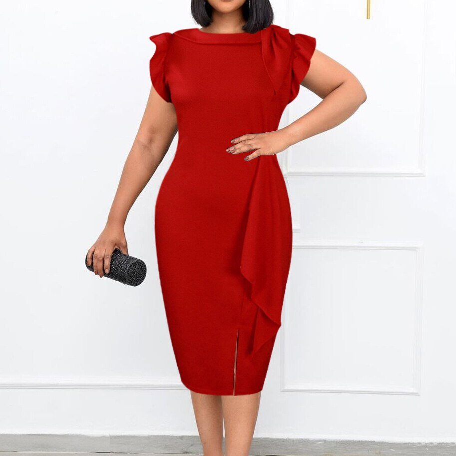 Elegant Office Clothing for Women Solid Sleeveless Round Neck Bodycon High Waisted Ruffles Formal Business Work Dress Midi Hot | 0 | TageUnlimited