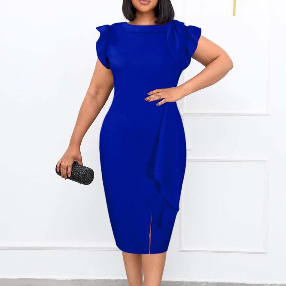 Elegant Office Clothing for Women Solid Sleeveless Round Neck Bodycon High Waisted Ruffles Formal Business Work Dress Midi Hot | 0 | TageUnlimited